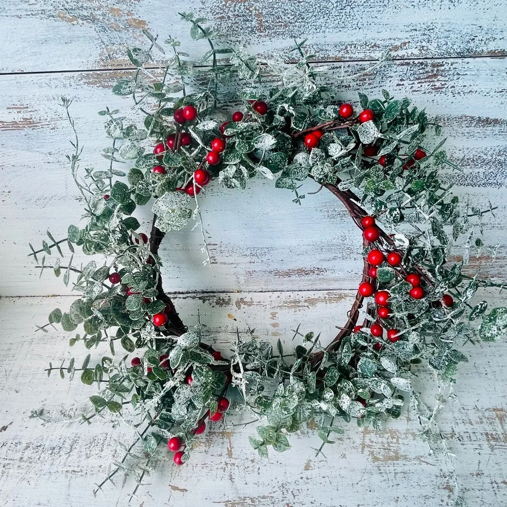 *Frosted Eucalyptus Wreath With Red Berries 16”